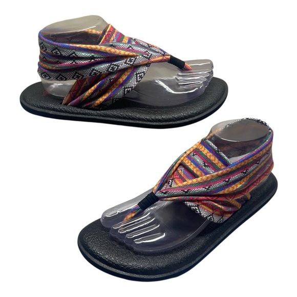 Sanuk Multicolor Geometric Fabric Yoga Mat Thong Sling Back Sandal Womens Size 8 - Picture 1 of 11